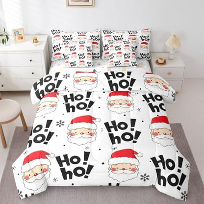 Erosebridal New Year 7 Pcs Comforter Set Twin, Santa Claus Bedding for Boys Girls, Hand Drawn Snowflakes Xmas Ho Bed in A Bag Sheet Set, Winter Cartoon Black Red Sunglasses Duvet Insert