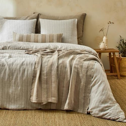 mixinni 3 Piece Striped Duvet Cover Set, Neutral Washed Cotton Linen Blend Bedding, Vintage Stripe Comforter Cover with 2 Pillowcases, Soft Breathable Farmhouse Bed Set for All Season-Queen Size