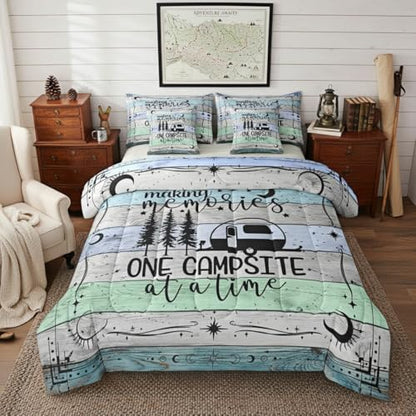 Full Camper Comforter Set 7 Pieces, Happy Camping Bed In A Bag Rv Decorations For Inside, Vintage Rustic Farmhouse Bedding Set Sun Moon Starry Sky Comforter, Flat Sheet, Fitted Sheet, Pillowcases