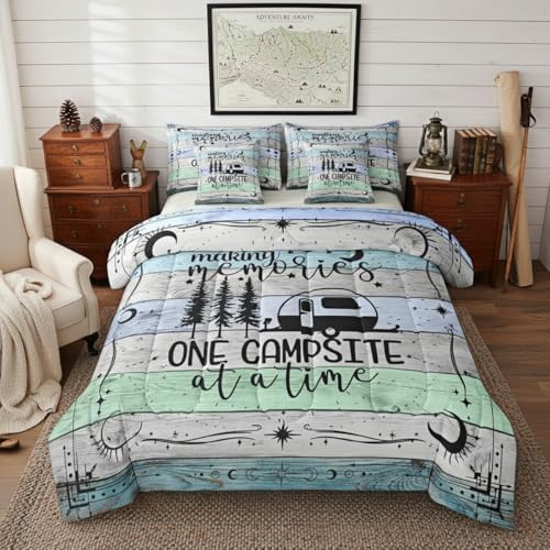 Twin Camper Comforter Set 7 Pieces, Happy Camping Bed In A Bag Rv Decorations For Inside, Vintage Rustic Farmhouse Bedding Set Sun Moon Starry Sky Comforter, Flat Sheet, Fitted Sheet, Pillowcases