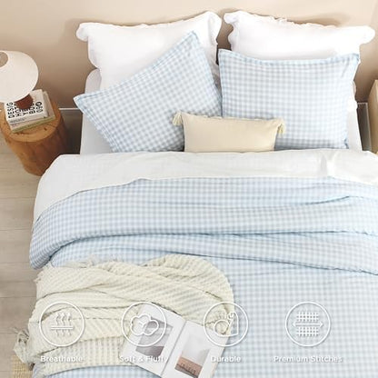 Andency Blue Gingham Comforter Set Full, Blue Checkered Grid Plaid Bedding