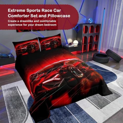 Feelyou Kids Boys Sports Comforter Set Twin Size Red Race Car Comforter for Kids Teens Room Decor Extreme Sports Theme Bedding Set Cool Speed Luxury Car Decor Quilt Set Soft for All Season