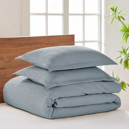 Levtex Home Cloud Waffle Full/Queen Comforter Set (90x94in) with 2 Pillow Shams (26x20in) - Solid Waffle Cotton Texture - Chambray - 100% Cotton Full/Queen Size Comforter Set - Soft, Pre-Washed