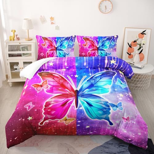 Nttopship Red and Blue Butterfly Comforter Set King Size,100% Soft Ultra-Fine Fiber Four Season Printed Comforter Set with 1 Comforter and 2 Pillow Case