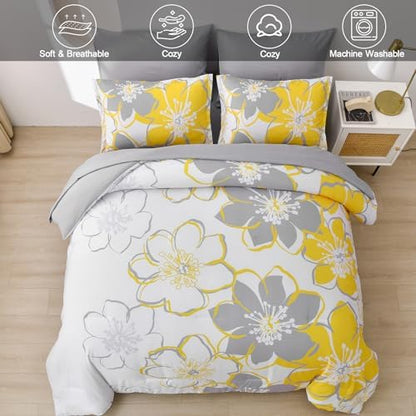 Anibedding Yellow Floral Comforter Set Full Size 7 Pieces Reversible Bed in a Bag with Sheets Set for All Season, Soft Microfiber Complete Bedding Set All Season (78''x90'')