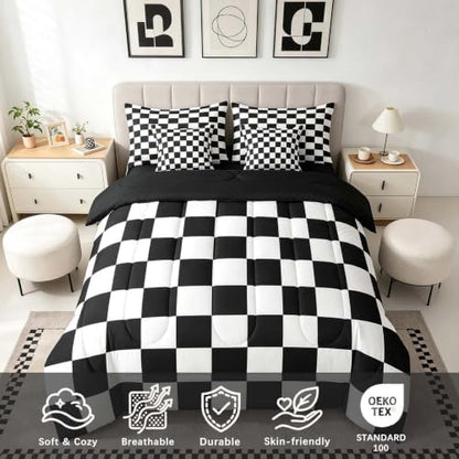 Feelyou Checkered Retro 7 Piece Bedding Set Teen Women Men Black White Plaid Comforter Set with Sheets Queen Size Kids Boys Geometric Vintage Bed in a Bag Modern Simple Groovy Aesthetic Room Decor