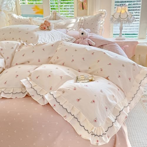 mixinni Shabby Chic Tiny Pink Floral Duvet Cover Queen, 100% Cotton Reversible Bedding with Double Ruffle Black Lace Trim, Vintage Farmhouse Princess Comforter Cover with Zipper & Corner Ties