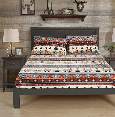Chezmoi Collection 4-Piece Southwestern Geometric Motif Sheet Set King Size - Multicolor Red Brown Blue Cream Printed Brushed Microfiber Lightweight Breathable Deep Pocket Bed Sheets