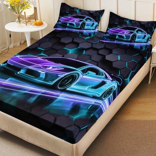 HOSIMA Race Car Twin Bedding Sets for Boys,1 Fitted Sheet+2 Pillowcases.