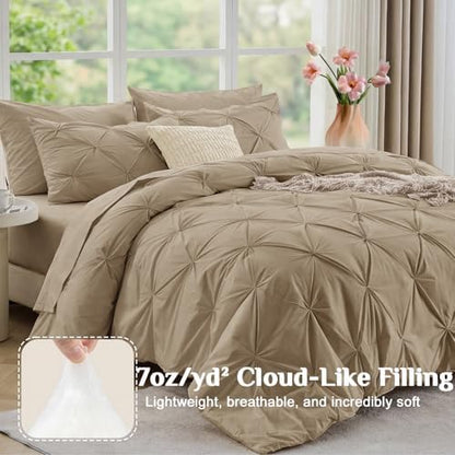 JOLLYVOGUE Twin Comforter Set 5 Pieces - Bed in a Bag Twin for All Season, Pintuck Bedding Comforter Sets with Comforter, Flat Sheet, Fitted Sheet and Pillowcases & Shams, Dark Linen