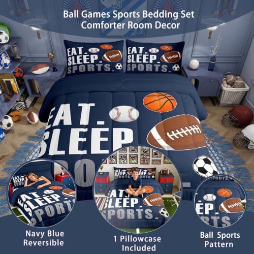 Feelyou Football Comforter Set Queen Size Kids Basketball Baseball Soccer Comforter for Boys Girls Sports Theme Bedding Set Breathable Soft Navy Blue Duvet Quilted Ball Game Room Decor