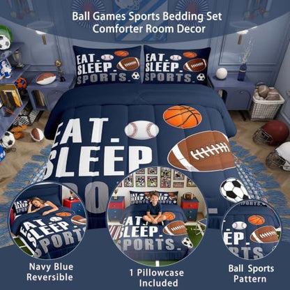 Feelyou Football Comforter Set Queen Size Kids Basketball Baseball Soccer Comforter for Boys Girls Sports Theme Bedding Set Breathable Soft Navy Blue Duvet Quilted Ball Game Room Decor