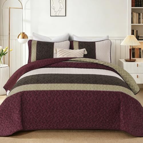 Cottolester Quilts Queen Size,Burgundy Striped Plaid Bedspread Coverlet Set