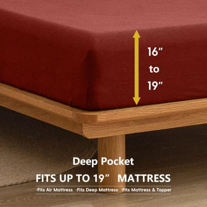 BESTOUCH Sheet Set 100% Washed Cotton Linen Feel Super Soft Comfortable Chic Lightweight 4 Pcs Home Bedding Set Solid Fired Brick Red Queen