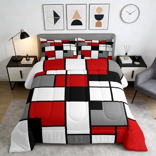 Gray Black Red White Square Comforter Set Queen Boys Teens Geometric Grid Room Decor Fashion Color Bedding Set,Soft Lightweight Modern Abstract Duvet,Youth Young Man Quilt,1 Comforter + 2 Pillowcase
