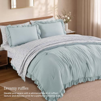 BLOOMHAVEN Full Size Comforter Sets-7 Pieces Ruffle Bedding Floral Sheet