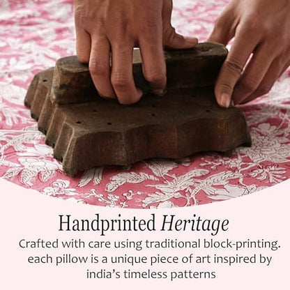 CPC Block Print Pink Coral Ruffle Cotton Lumbar Pillow Cover 20x54 inch