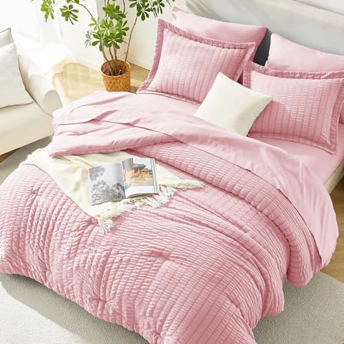 HIMEET Full Comforter Sets, 7-Piece Seersucker Bed in a Bag, Pink