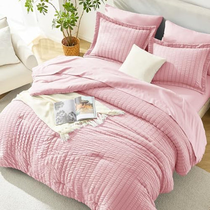 HIMEET Full Comforter Sets, 7-Piece Seersucker Bed in a Bag, Pink