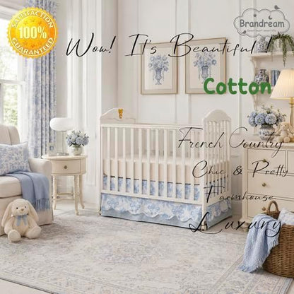 Brandream Scallop Edge Crib Skirt Organic Cotton Baby Girls Crib Skirt Toddler Bedskirt French Country Cottagecore Rose Bows Farmhouse Chic Nursery Crib Bed Skirt 2-Tiered with Solid Blue Skirt