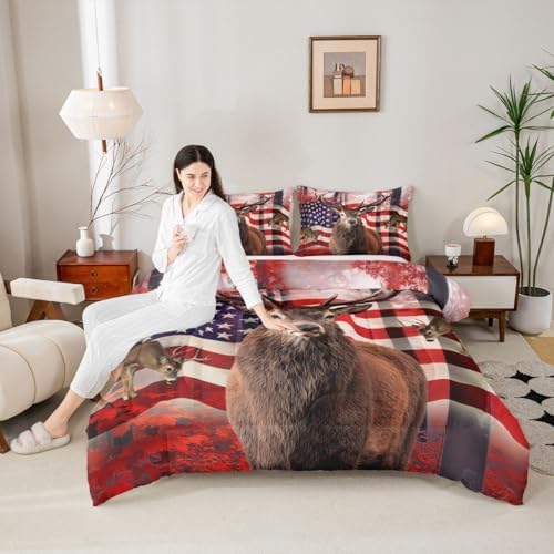American Flag Comforter Set, Cute Deer Down Comforter Twin For Kids Boys Teens, United States Bedding Set Usa Federations Stars Duvet Sets Geometric Stripes Bedroom Decor With 1 Pillowcase