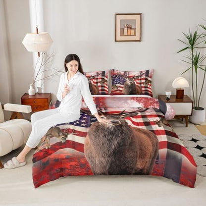 American Flag Comforter Set, Cute Deer Down Comforter Twin For Kids Boys Teens, United States Bedding Set Usa Federations Stars Duvet Sets Geometric Stripes Bedroom Decor With 1 Pillowcase