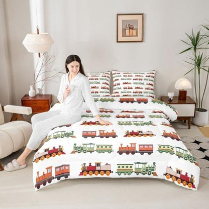 Feelyou Retro Train Comforter Set Full Size Vintage Steam Locomotive Down Bedding Set for Kids Boys Girls Transportation Vehicles Duvet Quilt Bedroom Decor Microfiber 3 Pcs with 2 Pillow Cases