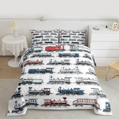 Feelyou Retro Train Comforter Set Toddler Size Vintage Steam Engine Train Bedding Set for Kids Boys Girls Transport Vehicle Duvet Quilt Bedroom Decor Microfiber 2 Pcs with 1 Pillow Cases