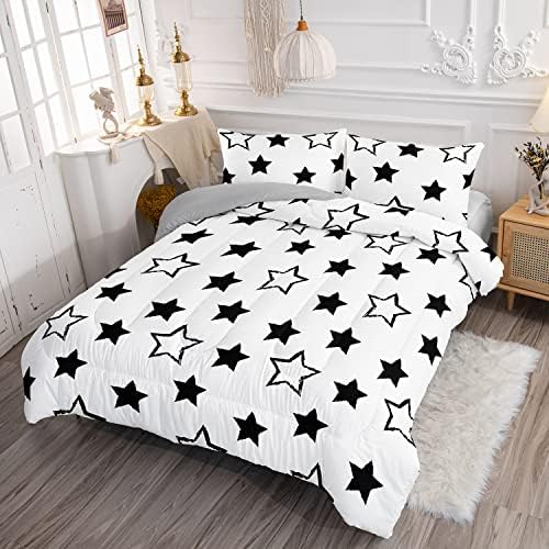 Axolotl Kids King Bedding Comforter Set,3Pcs Cute Black and White Stars Quilt Set for Kids,Geometric Stars Bedding with 1 Comforter 2 Pillowcases for Boys Girls Teens Adults Room Decor All Season