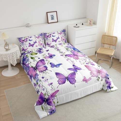 jejeloiu Purple Butterfly Comforter Set Queen Size Kids Floral Flower Bedding Set for Boys Girls Teens Lavender Duvet Breathable Spring Quilt Bedroom Decor,1 Comforter with 2 Pillowcase