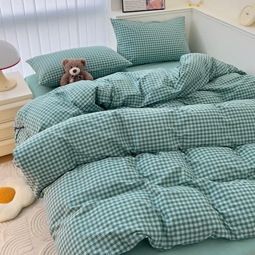 mixinni Dark Green Gingham Comforter Set Twin XL, Plaid Comforter Set 3 Pieces 1 Teal Grid Comfoter with 2 Pillow Cases for All Seasons, Soft Fluffy Modern Grid Pattern Printed Bedding-Twin XL Size