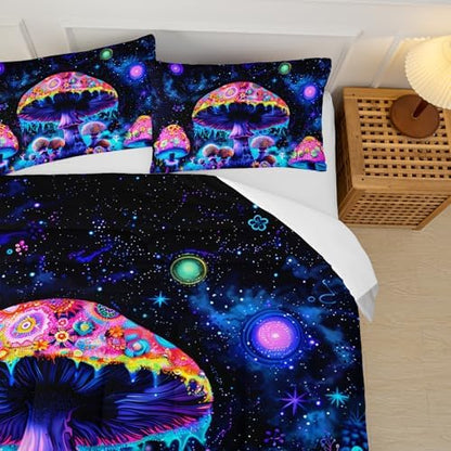 Magical Fantasy Mushroom Comforter Set King Size，Galaxy Mushroom Bedding Set King for Kids，with 1 Comforter with 2 Pillow Case，Mushroom Themed Bedroom Decor