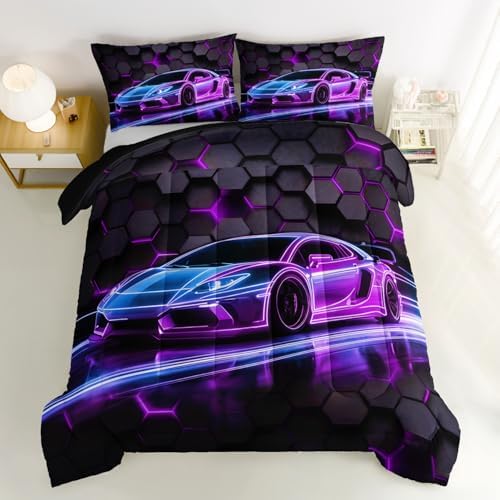 HOSIMA Neon Extreme Sports Race Car King Bedding Set with 2 Pillowcases.