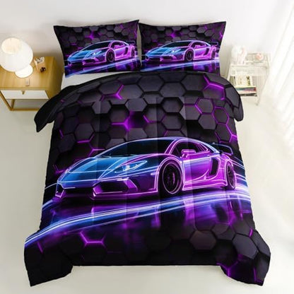 HOSIMA Neon Extreme Sports Race Car King Bedding Set with 2 Pillowcases.