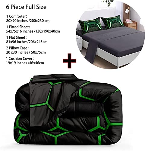 BDUCOK 6 Piece Gamer Comforter Bed in A Bag Sets for Boys Teen Kids,Honeycomb Gaming Bedding Sets Gamepad Comforter Microfiber Bed Set for All Season Gamer Home Decor(Green, 6 Piece Sets30021-Full)