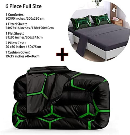 BDUCOK 6 Piece Gamer Comforter Bed in A Bag Sets for Boys Teen Kids,Honeycomb Gaming Bedding Sets Gamepad Comforter Microfiber Bed Set for All Season Gamer Home Decor(Green, 6 Piece Sets30021-Full)