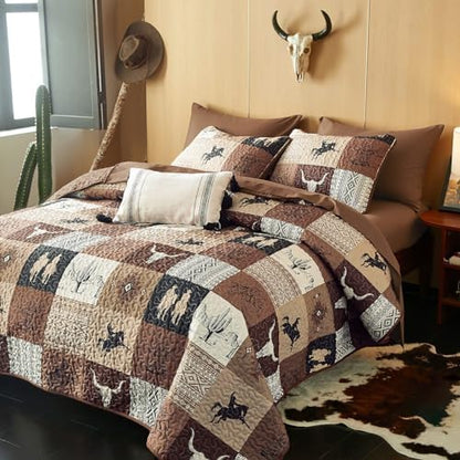 Wake In Cloud - Western Quilt Set, Southwestern Aztec Country Horse Cowboy Rustic Ranch Pattern Printed, Reversible Lightweight Bedspread Coverlet, 3 Pieces, Tan Brown, King Size