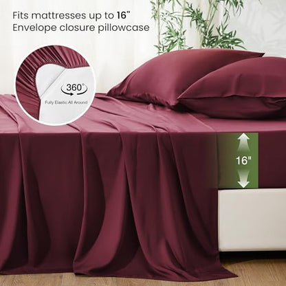 Love's cabin 4 Piece Full Size Sheet Set, 100% Rayon Derived from Bamboo, Cooling & Breathable, Soft Silky Deep Pocket up to 16", Hotel Luxury Bedding for Hot Sleepers, Burgundy