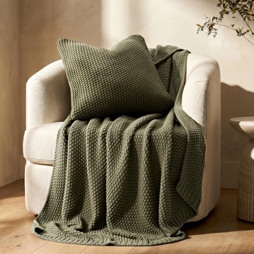 EverGrace Organic Cotton Chunky Knit Throw Blanket, 50 x 60 Olive Green
