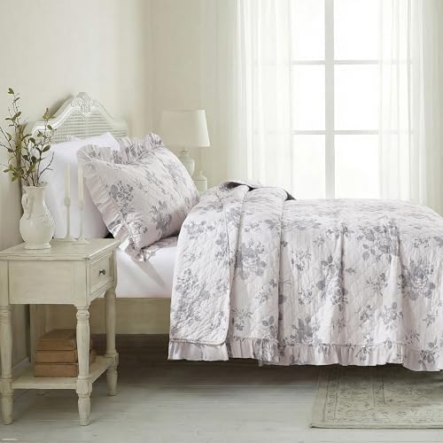 HORIMOTE HOME Greyish Blue Ruffled Quilt Twin Size with 1 Pillow Sham, Shabby Chic Reversible Floral Bedspread Coverlet, Soft Lightweight Comforter Bed Cover for All Season, 2 Pieces, 68x86 inches