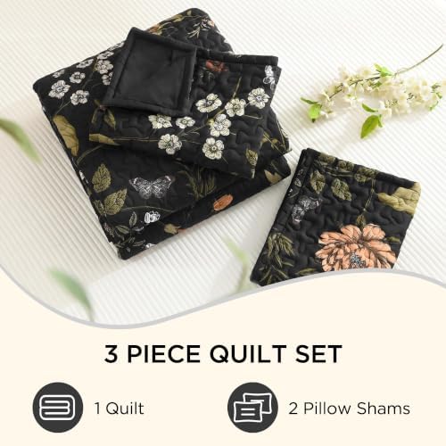 Litanika Floral Black Quilt Queen - 3Pcs Summer Boho Bedding Set