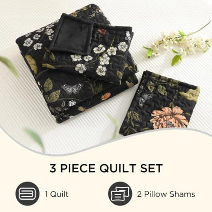 Litanika Floral Black Quilt California King - 3Pcs Summer Boho Bed Set