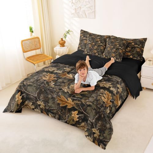 Erosebridal Camo Bedding Set Full Hunting Camouflage Comforter Set 7 Piece Cabin Lodge Forest Vintage Bed in A Bag for Kids Boys Girls Nature Camo Tree Leaves Quilt with Flat Fitted Sheet