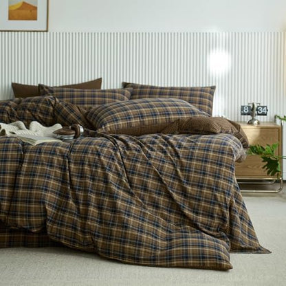 LifeTB Vintage Brown&Blue Plaid Duvet Cover Grid Bedding Set King, 100% Washed Cotton Retro Plaid Checkered Comforter Cover, 3 Piece Grid Pattern Duvet Cover Linen Feel Farmhouse Gingham Bedding Set