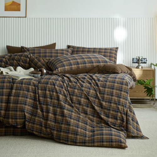 LifeTB Vintage Plaid Duvet Cover Set Twin, 100% Washed Cotton Brown Blue Grid Duvet Cover, Retro Plaid Checkered Comforter Cover with 2 Pillowcases, Breathable Farmhouse Gingham Bedding Set