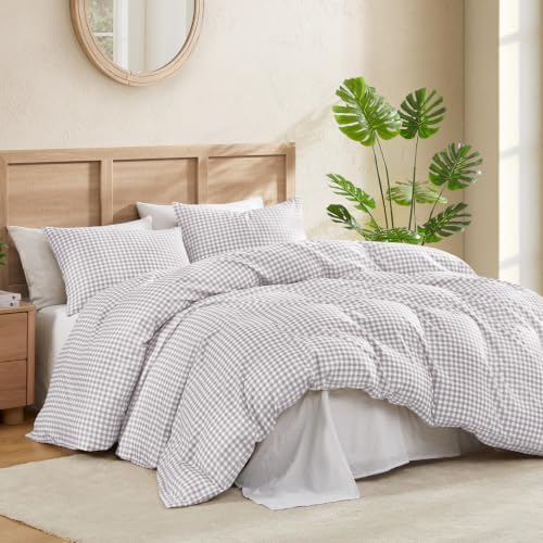 Andency Gingham Duvet Cover Full Size, Light Grey Checkered Plaid Bedding Set, 3 Pieces Soft Prewashed Microfiber Comforter Cover with Zipper Closure & Corner Ties
