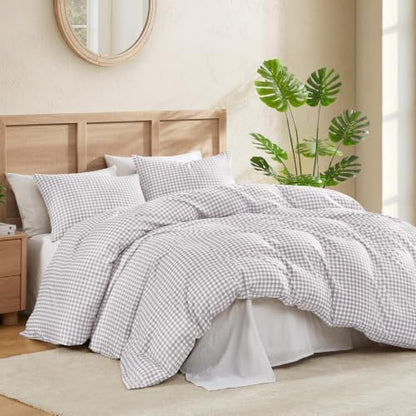 Andency Gingham Duvet Cover King Size, Light Grey Checkered Plaid Bedding Set, 3 Pieces Soft Prewashed Microfiber Comforter Cover with Zipper Closure & Corner Ties