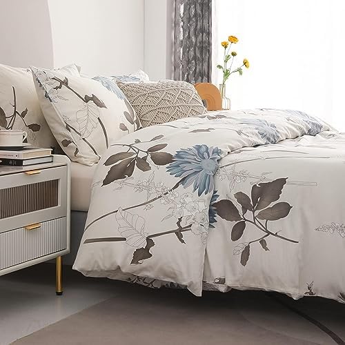 SLEEPBELLA Comforter Twin Size, 600 Thread Count Cotton Brown Branches and Blue Flowers Off-White Comforter Sets, Down Alternative Bedding Set 2Pcs(Twin, Off-White Botanical)