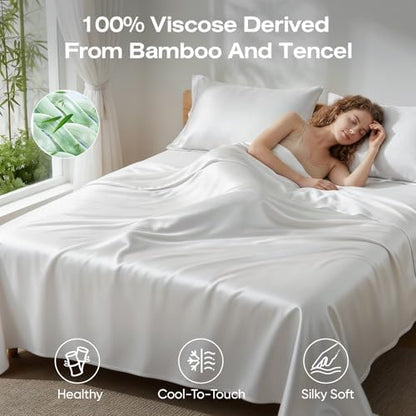 100% Real Bamboo Viscose & Lyocell Tencel Sheets Set CK Size | Breathable & Cooling for Hot Sleeper | Luxury Silky Soft Fabric | 18" Deep Pocket with Corner Straps (White, California King)