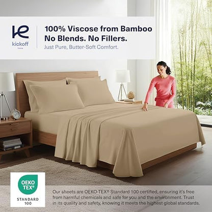 Kickoff Viscose Bamboo Sheets Queen Size 4-pc 100% Organic Bamboo Viscose Bed Cooling Sheets Queen Size Set Cool Bedding for hot Sleepers Sheet Set - Gift Ready Packaging (Sand, Q)